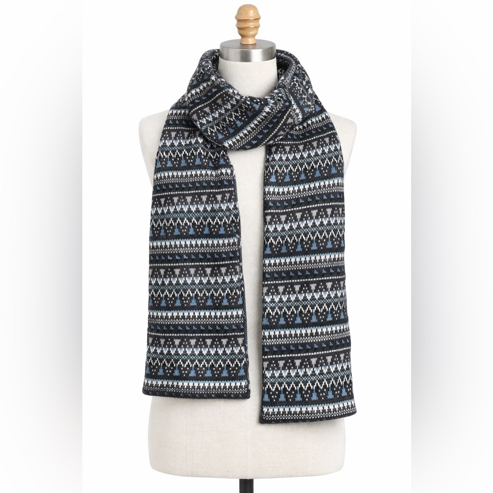 Fair Isle Knit Scarf Blue Gray Nordic Winter Cozy Reversible Soft OS
